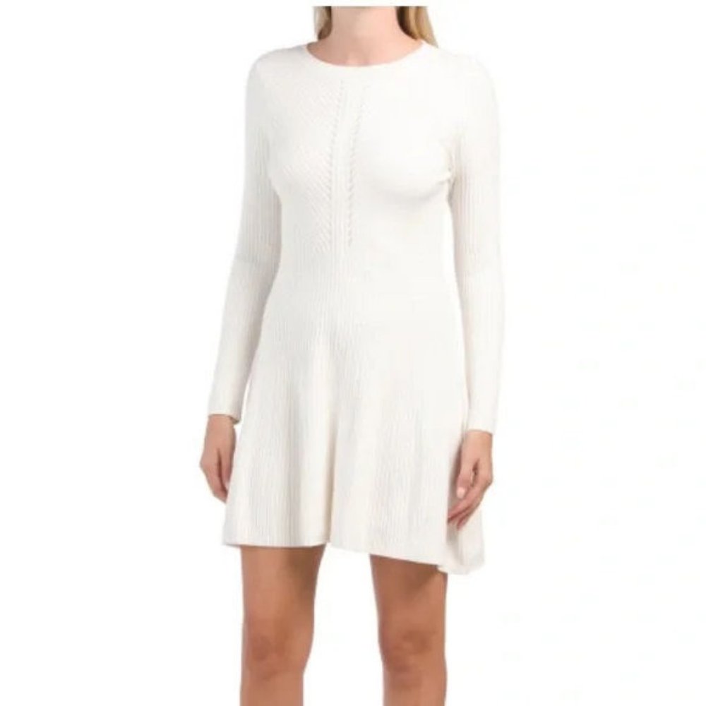 ELIE TAHARI Long Sleeve Ribbed Fit & Flare Sweater Dress